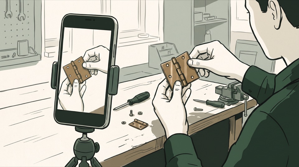 Illustration of a specialist demonstrating a metal hinge while a portrait smartphone records it.